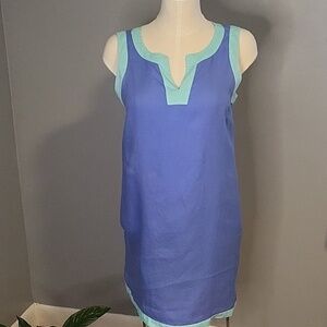 Sigrid Olsen Blue and Green Sleeveless Pullover V-Neck Linen Dress - Size M